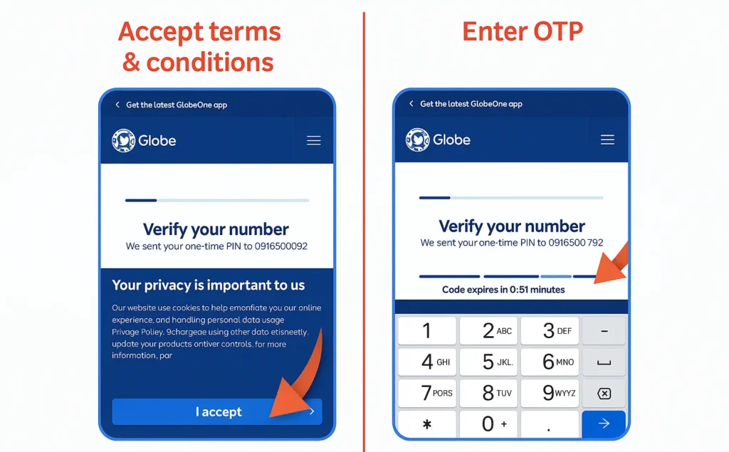 Enter OTP For TM Sim registration GlobeOne